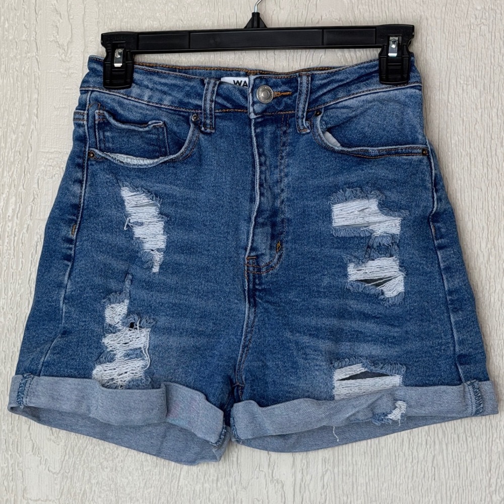 Wax Jean Collection Womens High Waisted Distressed Denim Shorts Blue Size M